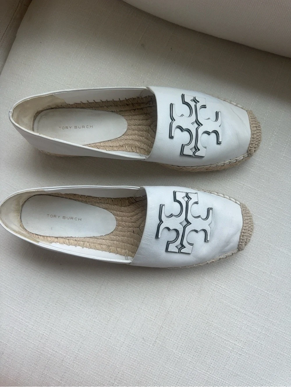 Tory Burch White Leather Espadrille Flats Double T Logo 9.5